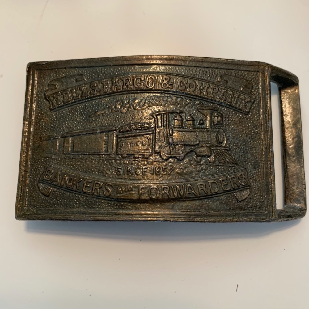 Vintage Brass Western Belt Buckle Wells Fargo Bankers & Forwarders Steam Train